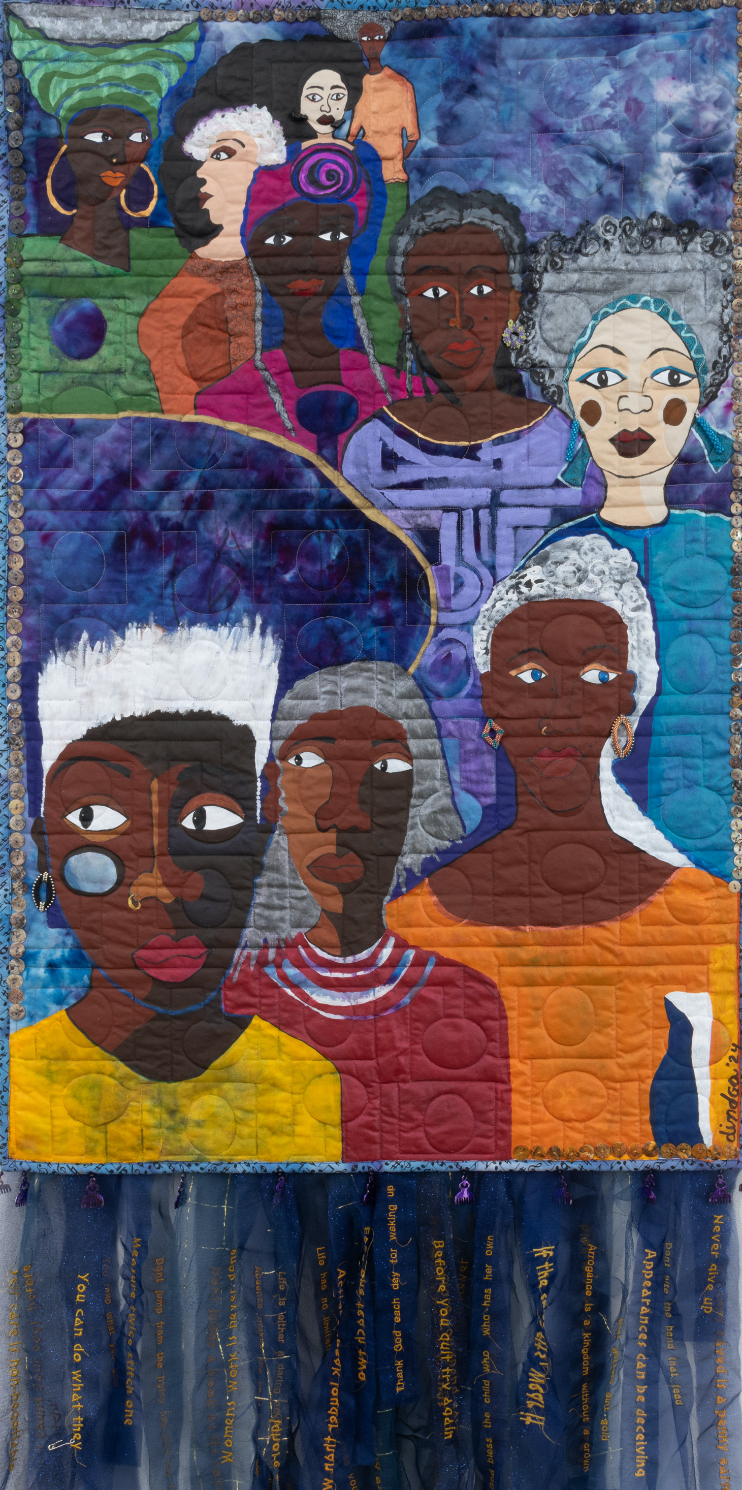 A colorful, multi-medium painting of a diverse selection of faces staring in different directions. 