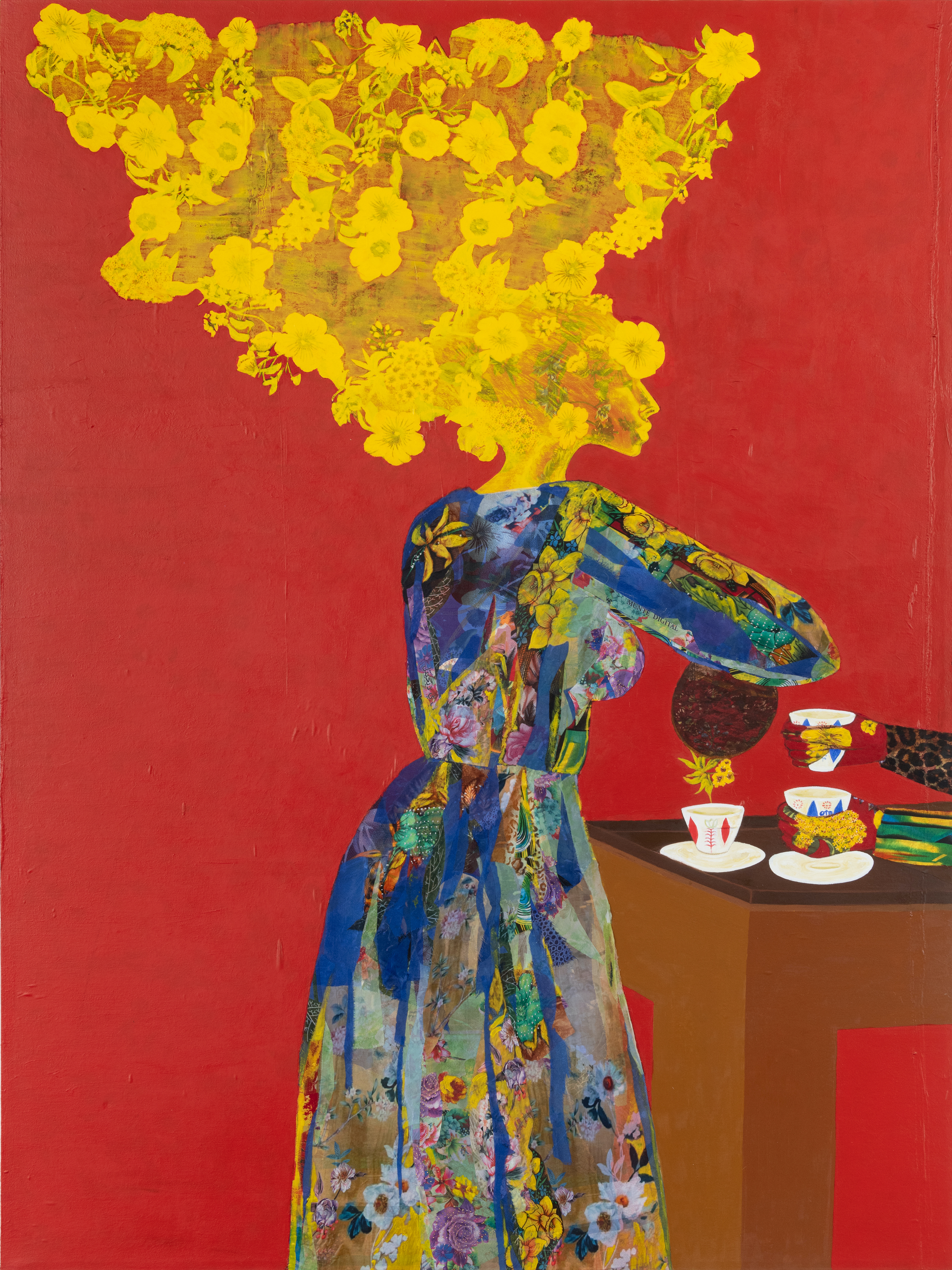 A vibrant red background, an assortment of yellow flowers emerge from the shoulders of a femme-figure with a colorful dress. Teacups are set on a table as the figure prepares to pour.