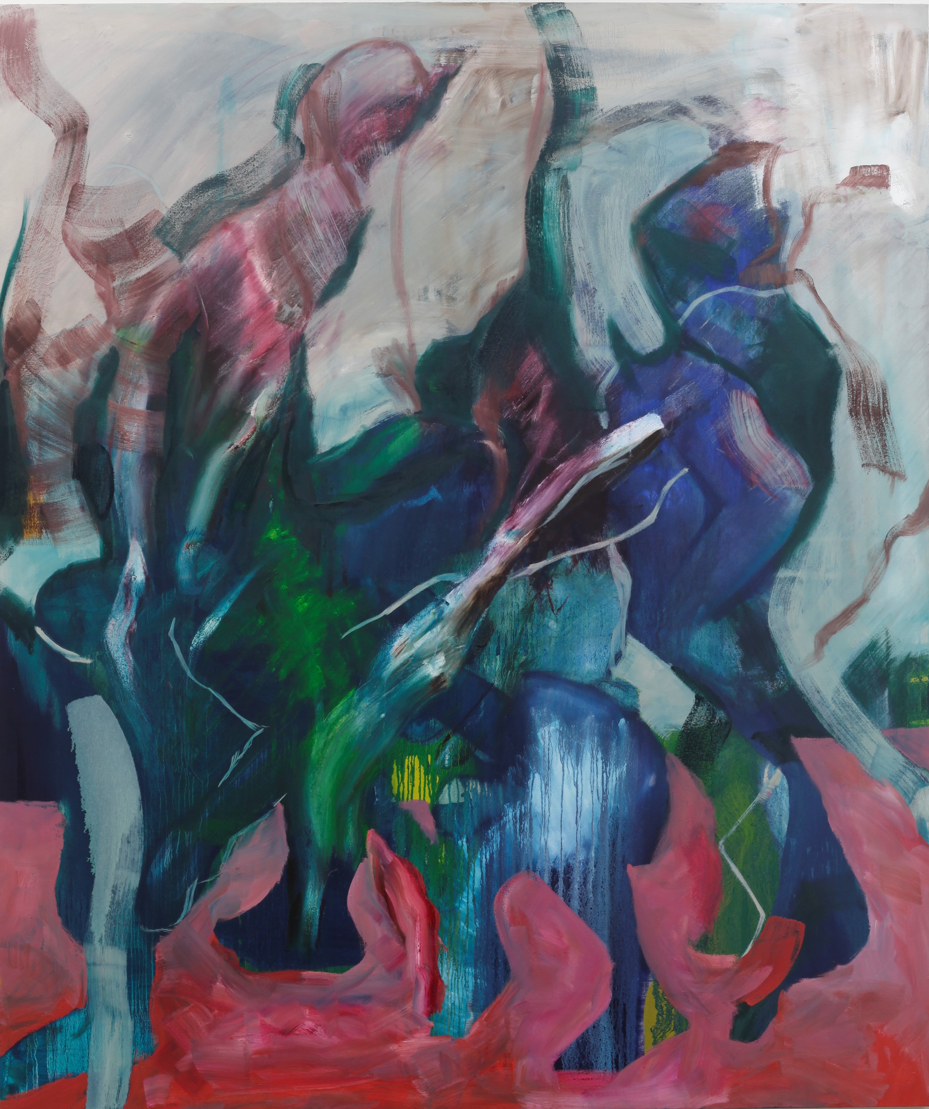 Colorful painting of moving body-like figures flowing and melding together through space.
